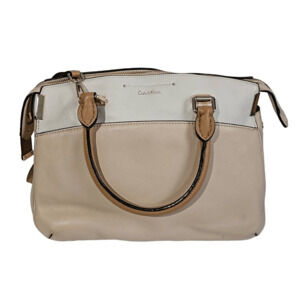 Calvin Klein Raelynn Pebbled Leather Satchel Bag Beige White Colorblock Purse